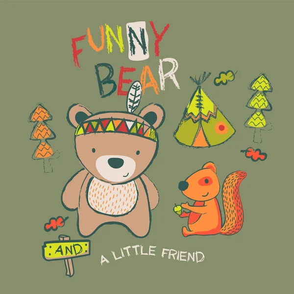 可爱的泰迪熊在美国印第安民族帐篷的前面玩松鼠 两个小森林朋友玩 — 图库矢量图片