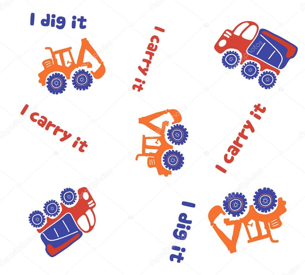 Seamless pattern design with heavy construction vehicles. t-shirt graphics, vectors. Design elements for kids.