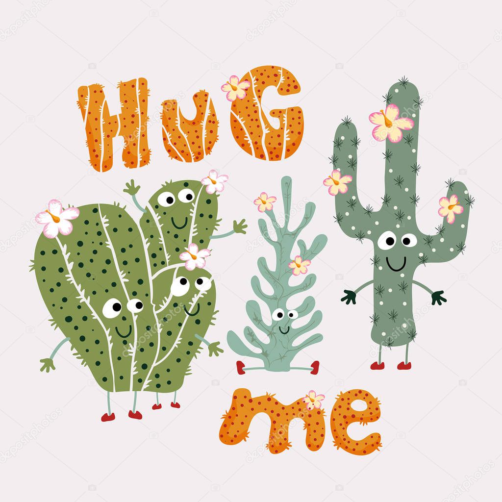 Cactus with typography. Print design idea for jersey fabrics. Vector design for your projects. Artwork idea for children products.