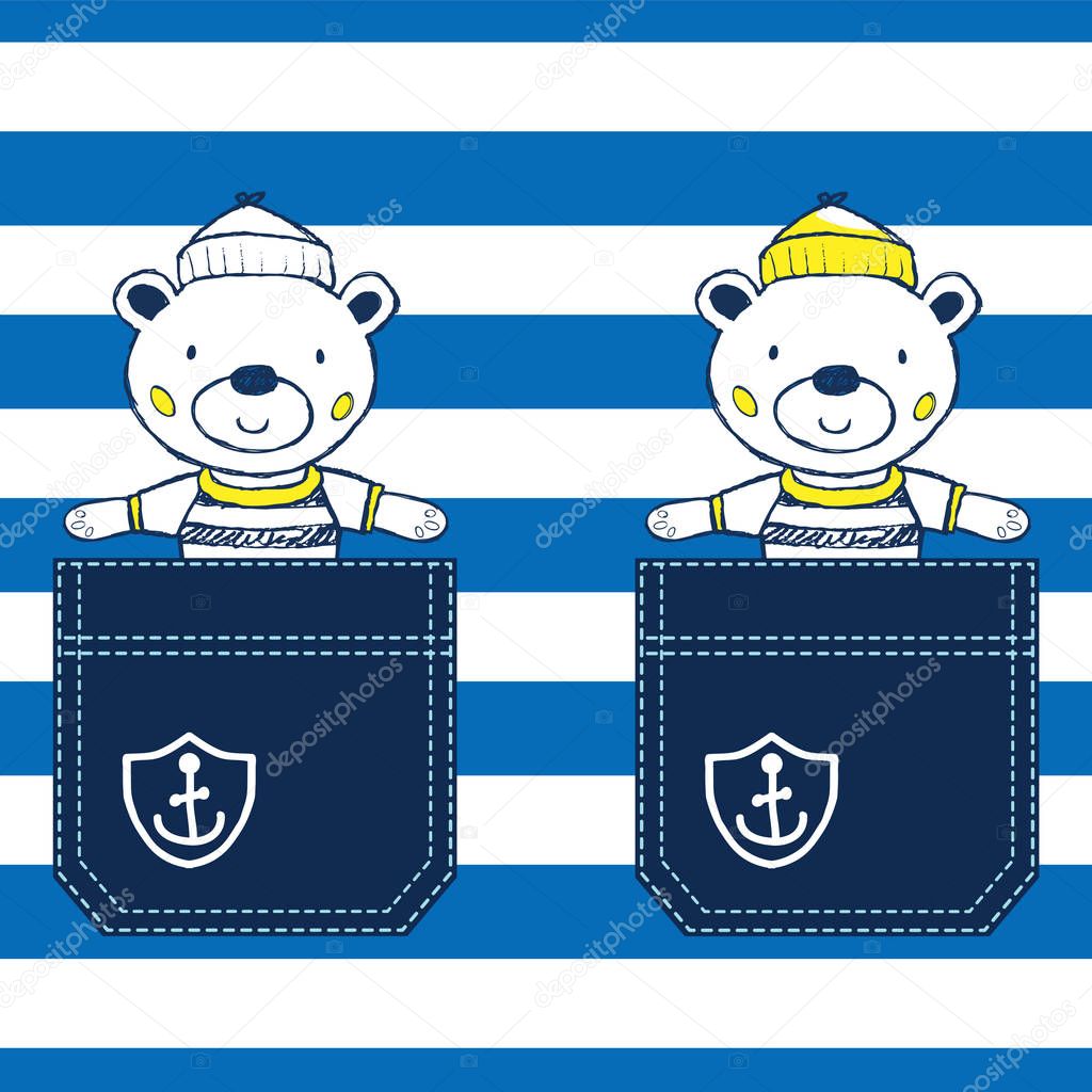 Print idea for pocket detail with a cute teddy bear sailor. Vector illustration.