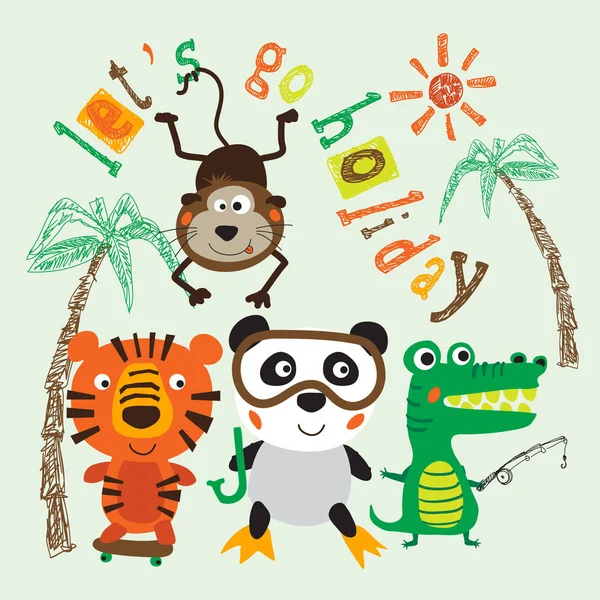 矢量插图的可爱动物包括虎猴熊猫熊鳄鱼 印刷和动物插画印刷设计理念的球衣织物 项目的矢量设计 — 图库矢量图片