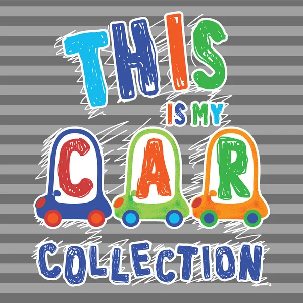 Παιδική Συλλογή Αυτοκινήτων Σκιαγραφημένο Τυπογραφία Εικονογράφηση Διάνυσμα Φόντο Γκρι Τόνο — Διανυσματικό Αρχείο