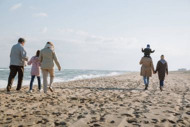 multigenerational family walking on seashore clipart