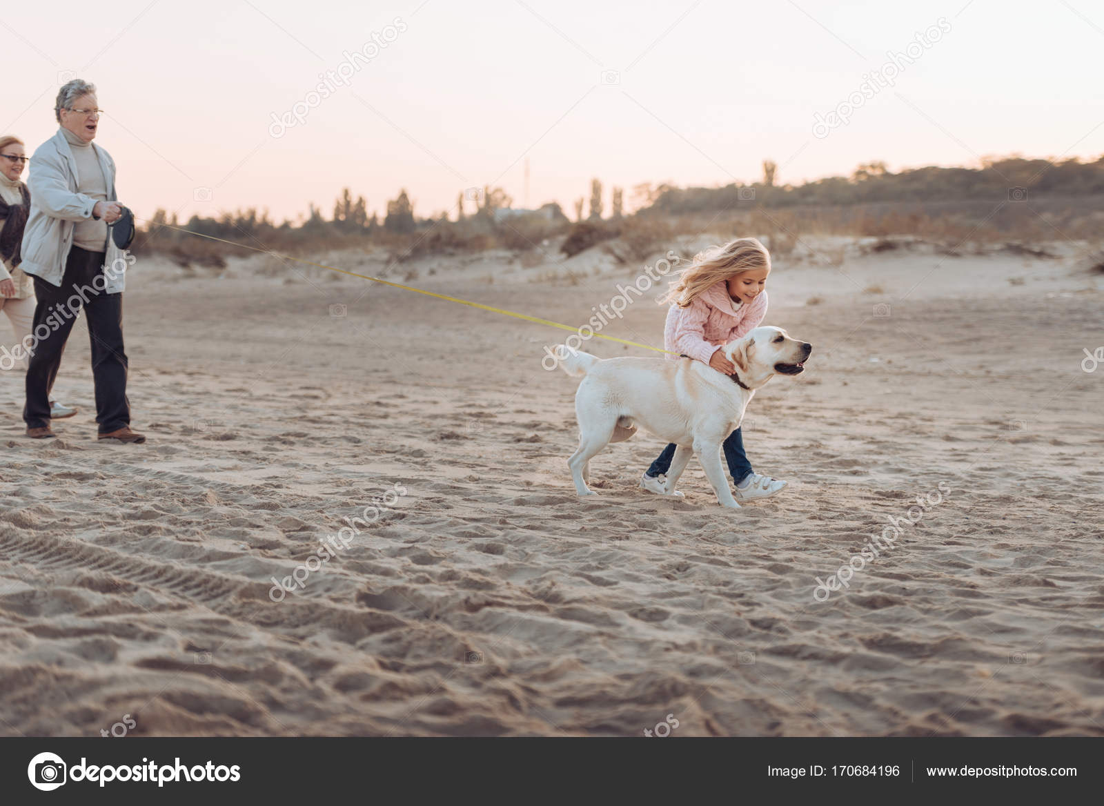 Großeltern und Enkelin gehen mit Hund spazieren Stockfotografie