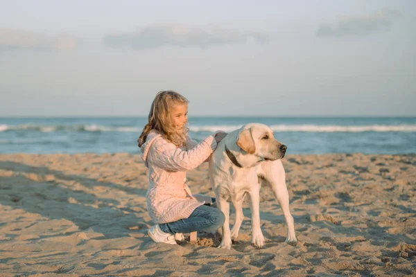 Bambino che cammina con cane — Foto Stock