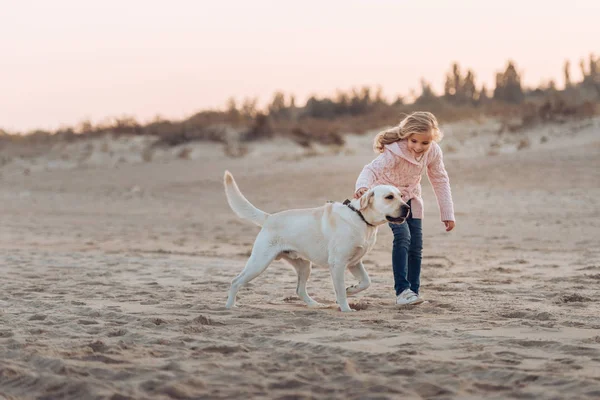 Niño corriendo con perro en la playa — Foto de Stock
