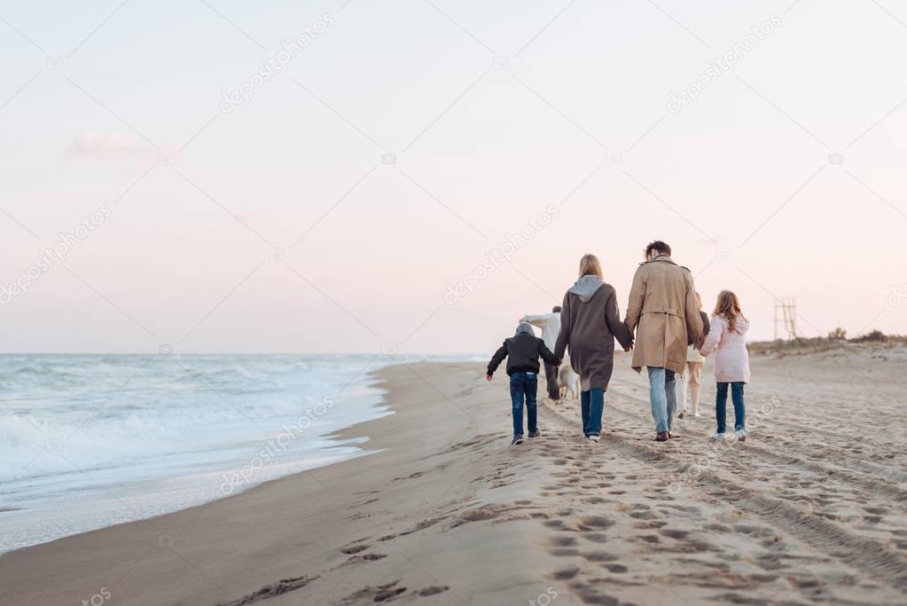 Rear view of family holding hands and walking on sandy beach