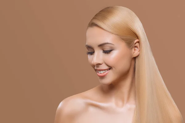 Portrait Beautiful Blonde Long Hair Girl Closed Eyes Isolated Beige — Stock Photo, Image
