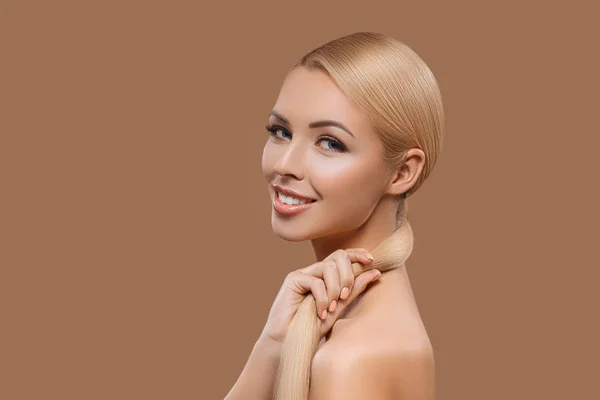 Side View Smiling Beautiful Blonde Hair Girl Isolated Beige — Stock Photo, Image