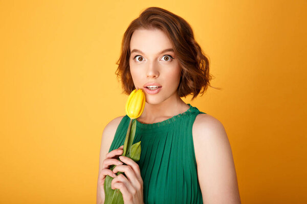 портрет привлекательной женщины с желтым тюльпаном изолирован на оранжевый
