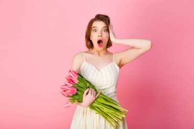 şok kadın portresi buket Pembe Lale pink izole
