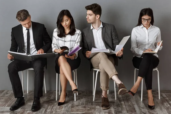 Focused Multicultural Business People Folders Notebooks Waiting Job Interview — Stock Photo, Image