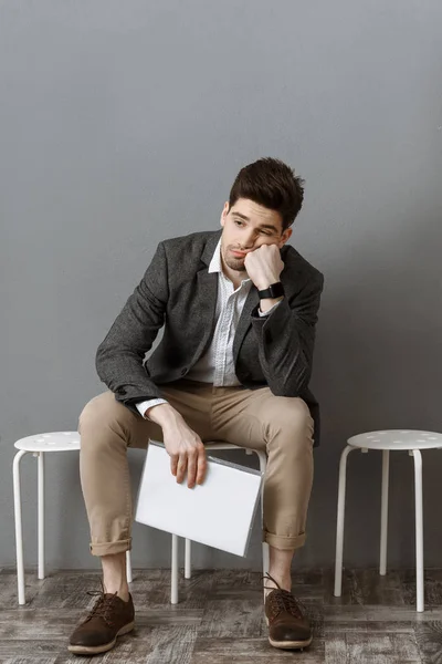 Thoughtful Businessman Documents Waiting Job Interview Chair — Stock Photo, Image