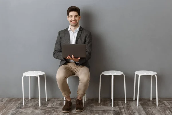 Smiling Businessman Laptop Looking Camera While Waiting Job Interview — Stock Photo, Image