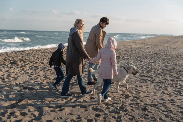 Family walking with dog on beach — Stock Photo