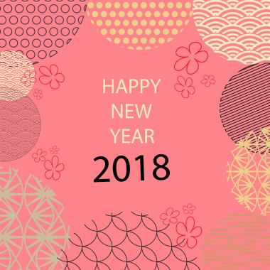 Mutlu yeni yıl 2018. Şablon tebrik kartı oryantal tarzı. Çinli, Japon öğeleri. Pembe bir arka plan.