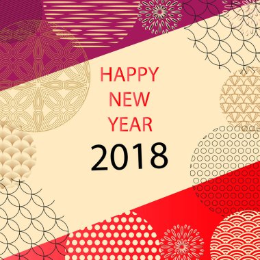 Mutlu yeni yıl 2018. Şablon tebrik kartı oryantal tarzı. Çinli, Japon öğeleri. Açık renkli arka planı.