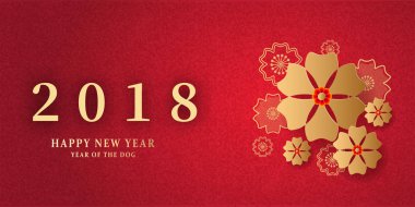 Mutlu yeni yıl 2018. Şablon tebrik kartı oryantal tarzı. Çinli, Japon öğeleri. Kırmızı arka plan. Vektör çizim.