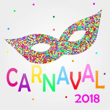 Venedik Festival karnavallar Brezilya ve Mardi Gras. Karnaval maskesi ve renkli geometrik desenli bir yazıt. Tasarım iş kartları, Davetiyeler, hediye kartları için öğe. Vektör çizim