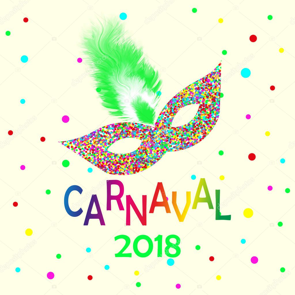 Festive carnivals in Brazil and Mardi Gras in Venice. Carnival mask and an inscription with colorful geometric pattern. element for design business cards, invitations, gift cards.Vector illustration
