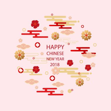 Yeni Yılınız Kutlu Olsun. Çin yeni yıl tebrik kartı geleneksel Asya desenleri, oryantal çiçek ve bulutlar. Vektör çizim.