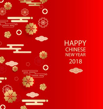 Yeni Yılınız Kutlu Olsun. Çin yeni yıl tebrik kartı geleneksel Asya desenleri, oryantal çiçek ve bulutlar.