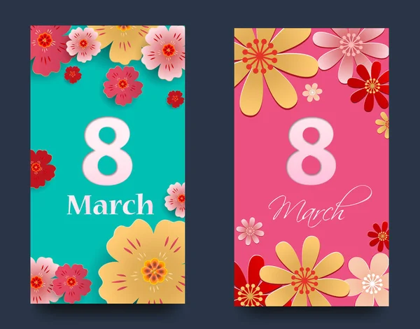 Set of vertical banners for the International Women's Day. Flyers March 8 with the decor of flowers. Invitations with floral frame for the Women's Day. Vector — Stock Vector