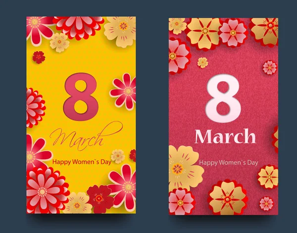 Conjunto de pancartas verticales para el Día Internacional de la Mujer. Volantes 8 de marzo con la decoración de flores. Invitaciones con marco floral para el Día de la Mujer. Vector — Vector de stock