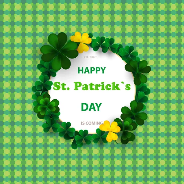 Saint Patricks Day Round Frame with Green Four and Tree Leaf Clovers Isolated on bright Background. Vector illustration. Party Invitation Design, Typographic Template. — Stock Vector