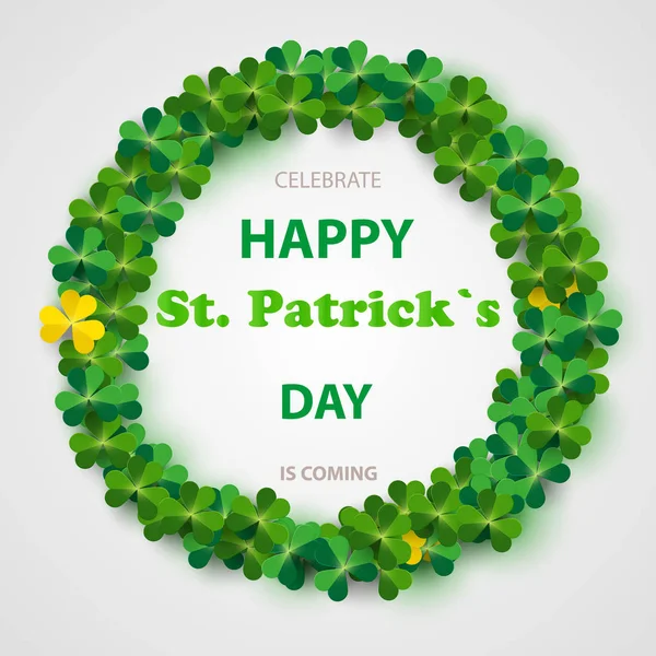 Saint Patricks Day Round Frame with Green Four and Tree Leaf Clovers Isolated on White Background. Vector illustration. Party Invitation Design, Typographic Template. — Stock Vector
