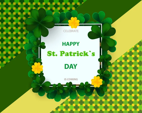 Saint Patricks Day card with square frame, green four and tree leaf clovers on colorful modern geometric background. Vector illustration. — Stock Vector