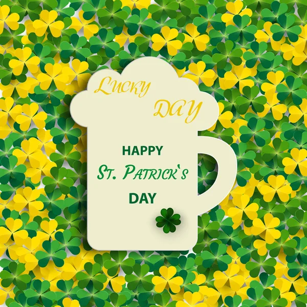 St. Patricks Day background with a green shamrock clover with a festive inscription on a mug with ale. Holiday 3d icon. Vector illustration. — Stock Vector