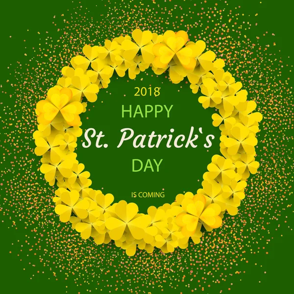 Saint Patricks Day Round Frame with yellow Tree Leaf Clovers Isolated on green Background. Vector illustration. Party Invitation Design — Stock Vector