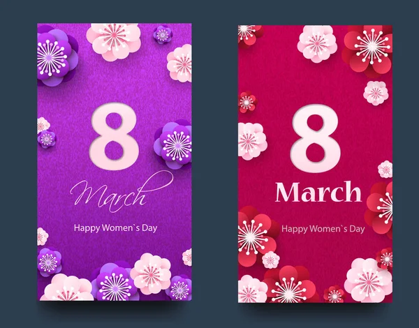 Set of vertical banners for the International Womens Day. Flyers March 8 with the decor of flowers. Invitations with floral frame for the Womens Day. — Stock Vector