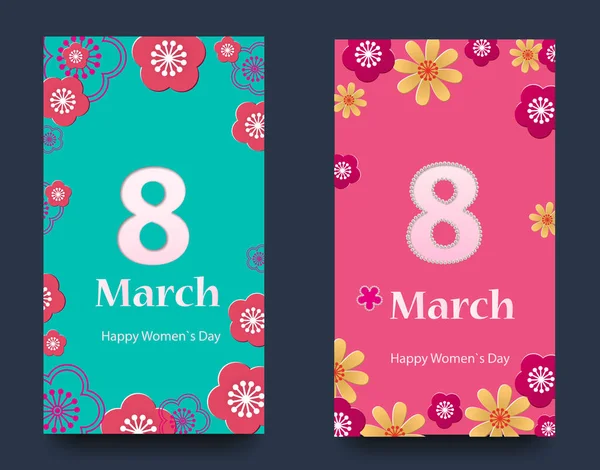 Conjunto de pancartas verticales para el Día Internacional de la Mujer. Volantes 8 de marzo con la decoración de flores. Invitaciones con marco floral para el Día de la Mujer . — Vector de stock