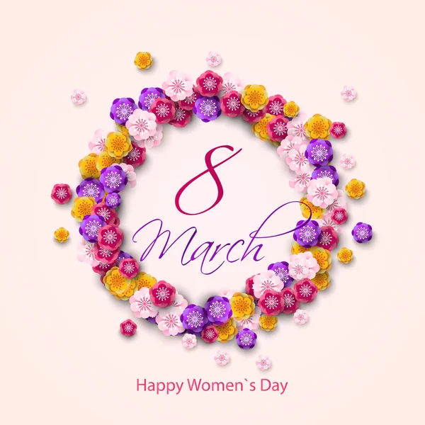 Felicitări Happy International Womens Day. Numărul opt cu flori tăiate pe hârtie. Ilustrație vectorială . — Vector de stoc