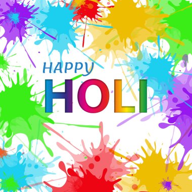 Mutlu Holi bahar festivali tebrik çiçeği gerçekçi suluboya boya ve örnek metin arka plan vektör. Mavi, sarı, kırmızı ve mor suluboya boya.