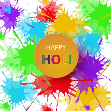 Mutlu Holi bahar festivali tebrik çiçeği gerçekçi suluboya boya ve örnek metin arka plan vektör. Mavi, sarı, kırmızı ve mor suluboya boya.