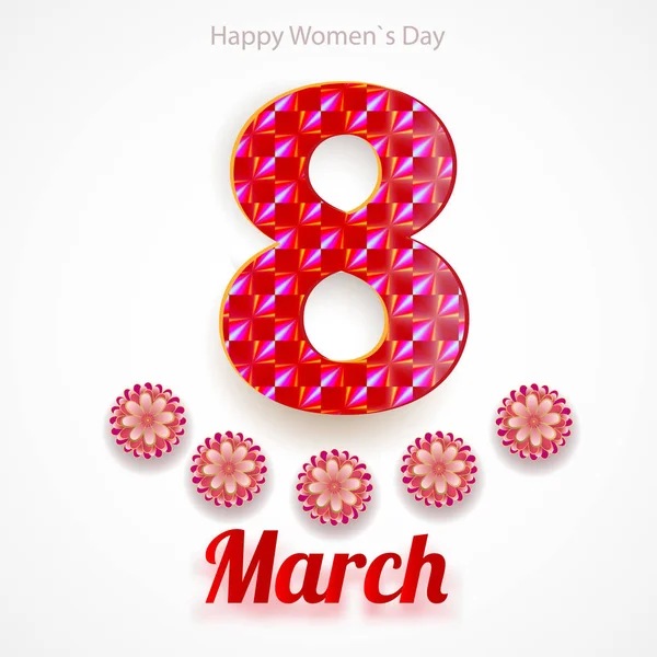 Felicitări Happy International Women 's Day. Numărul holografic opt cu flori tăiate pe hârtie. Ilustrație vectorială . — Vector de stoc