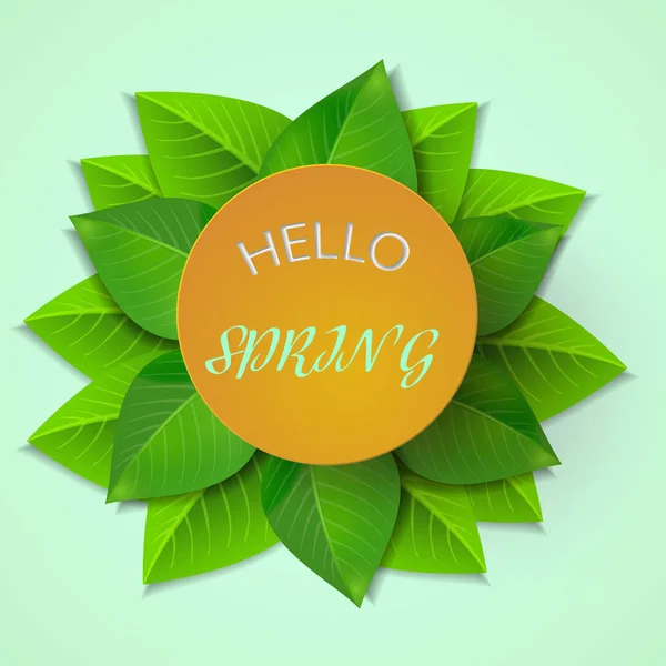 Spring background with green leaves and s frame.Hello, Spring. Vector illustration. Fresh template design for posters, flyers, brochures or vouchers. — Stock Vector