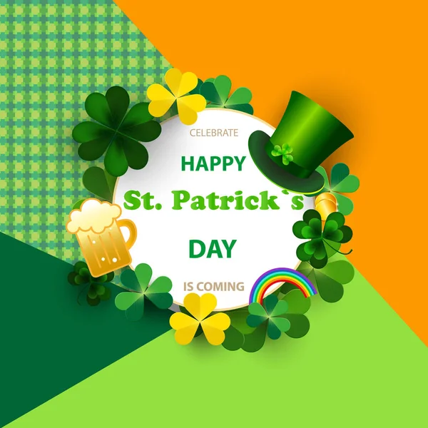 Saint Patrick's Day card with round frame, green four and tree leaf clovers on colorful modern geometric background. Vector illustration. — Stock Vector