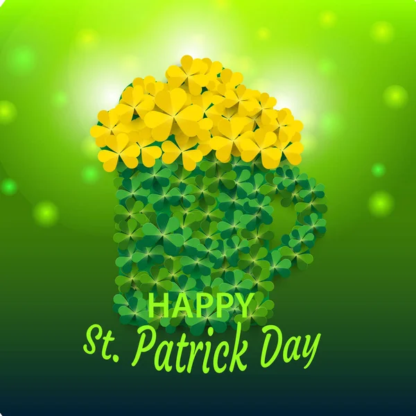 St. Patrick's Day background with a green shamrock clover with a festive inscription on a mug with ale. Holiday 3d icon. Vector illustration. — Stock Vector