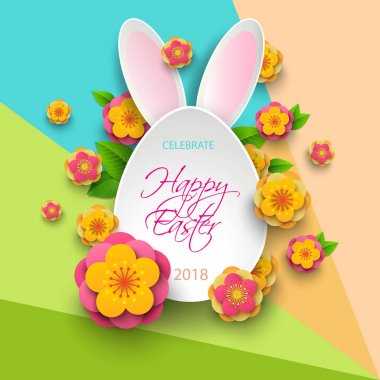 Paskalya kartı bunny tavşan ile çerçeve, bahar çiçekleri renkli modern geometrik arka plan üzerinde şekil. Vektör çizim. Metniniz için yer.