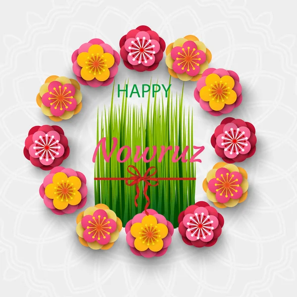 Vector design of the Novruz holiday. Template of the holiday template Novruz. Green grass with a red bow, paper flowers.Carried festive background. Iranian New Year Background — Stock Vector