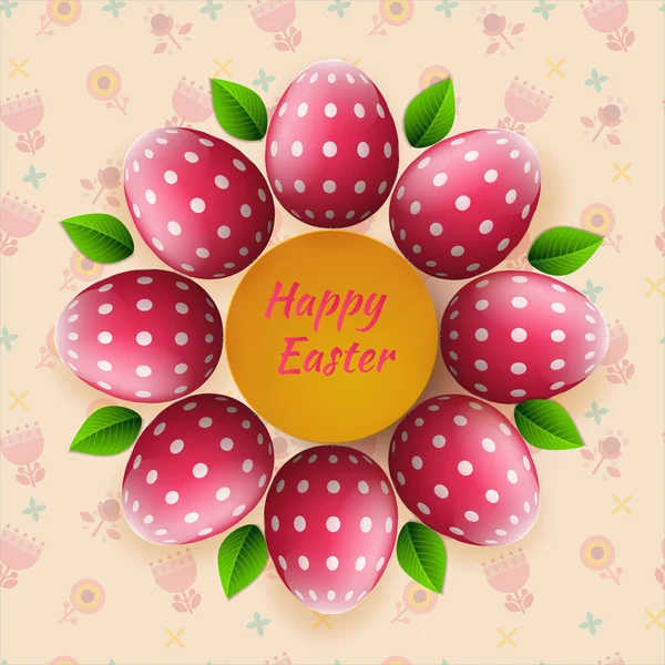 Bunte Postkarte zum Osterfest. auf einem flachen floralen Hintergrund bunte realistische Ostereier. mit einem Feiertag zu Ostern. — Stockvektor