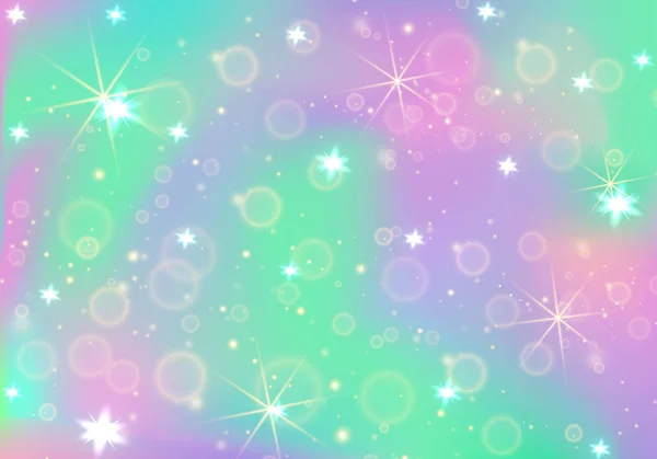 Unicorn achtergrond met regenboog gaas. Kawaii universum banner in prinses kleuren. Fantasie gradient achtergrond met hologram. Achtergrond van de holografische Eenhoorn met magische sparkles. — Stockvector