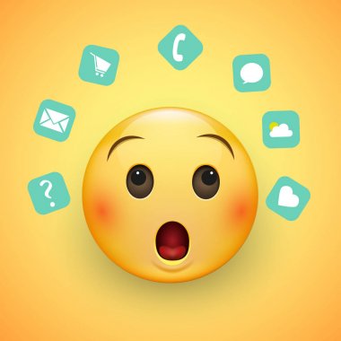 Emoji'nın yüzü, sürpriz bir göz ve geniş gözlü. Onun etrafında bir kişinin günlük işleri gösteren simgelerdir. Sarı bir arka plan üzerinde. Vektör çizim