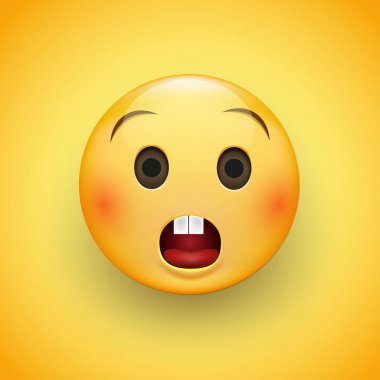 Sürpriz bir göz ve geniş gözleri ile Emoji'nın yüzü. Sarı bir arka plan üzerinde. Vektör çizim