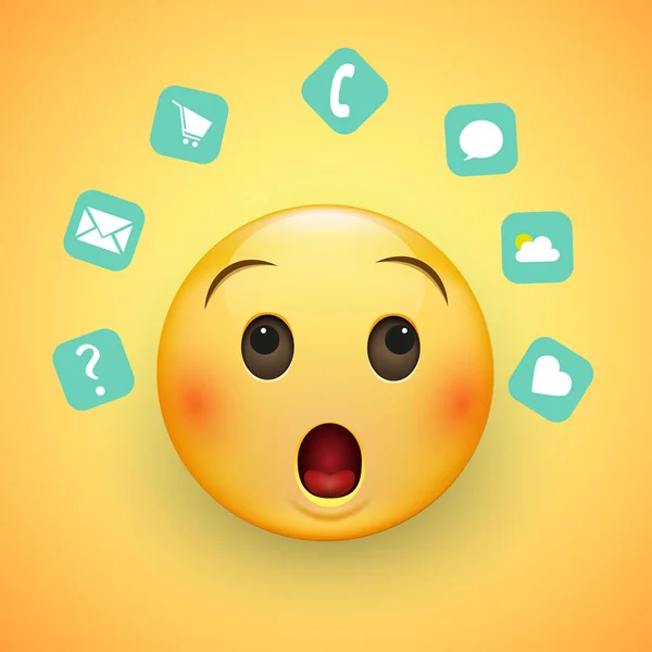 Emoji\'s face, with a surprised look and wide eyes. Around him are icons depicting the everyday affairs of a person. On a yellow background. Vector illustration