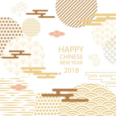 Yeni Yılınız Kutlu Olsun. Çin yeni yıl tebrik kartı geleneksel Asya desenleri, oryantal çiçek ve bulutlar.